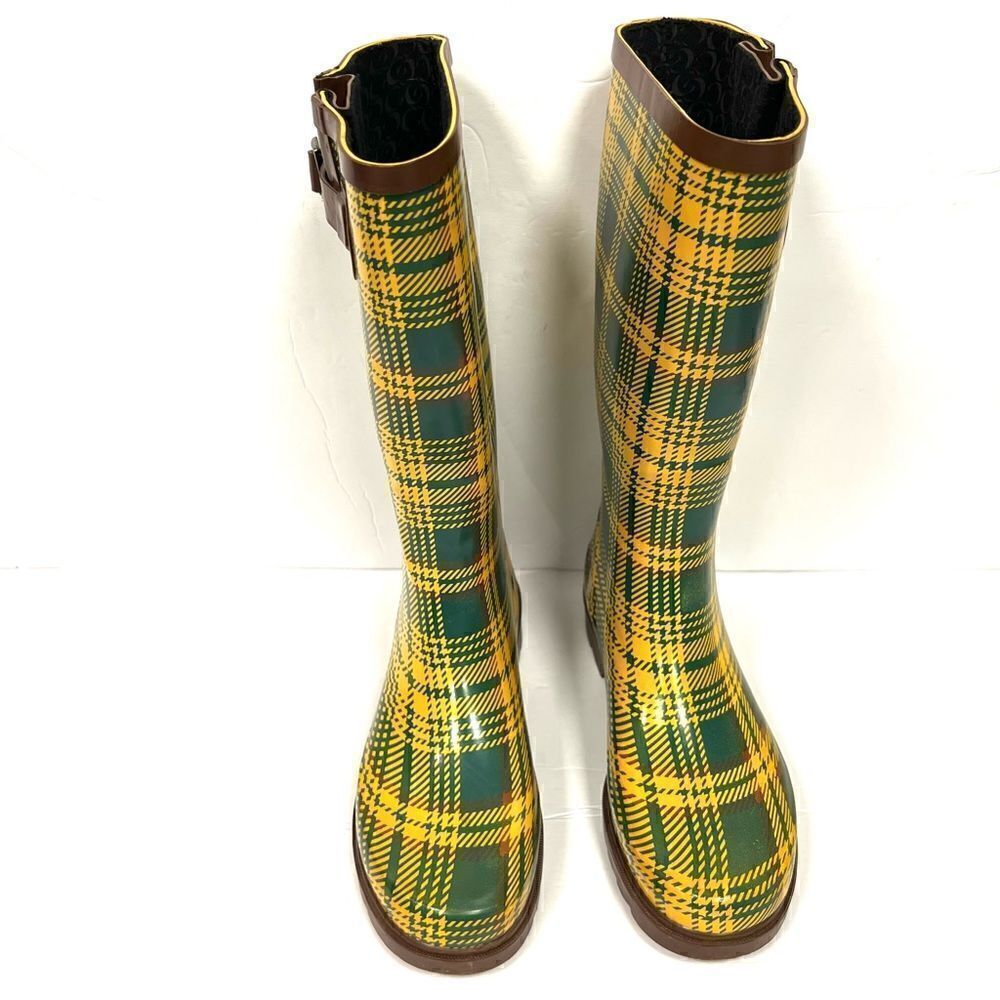 Chooka yellow/green plaid rain boots.  Size 7